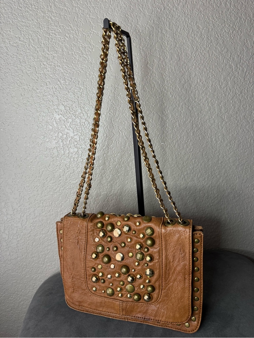 Hype Studded Brown Crossbody Shoulder Bag Chain Strap Festival Purse